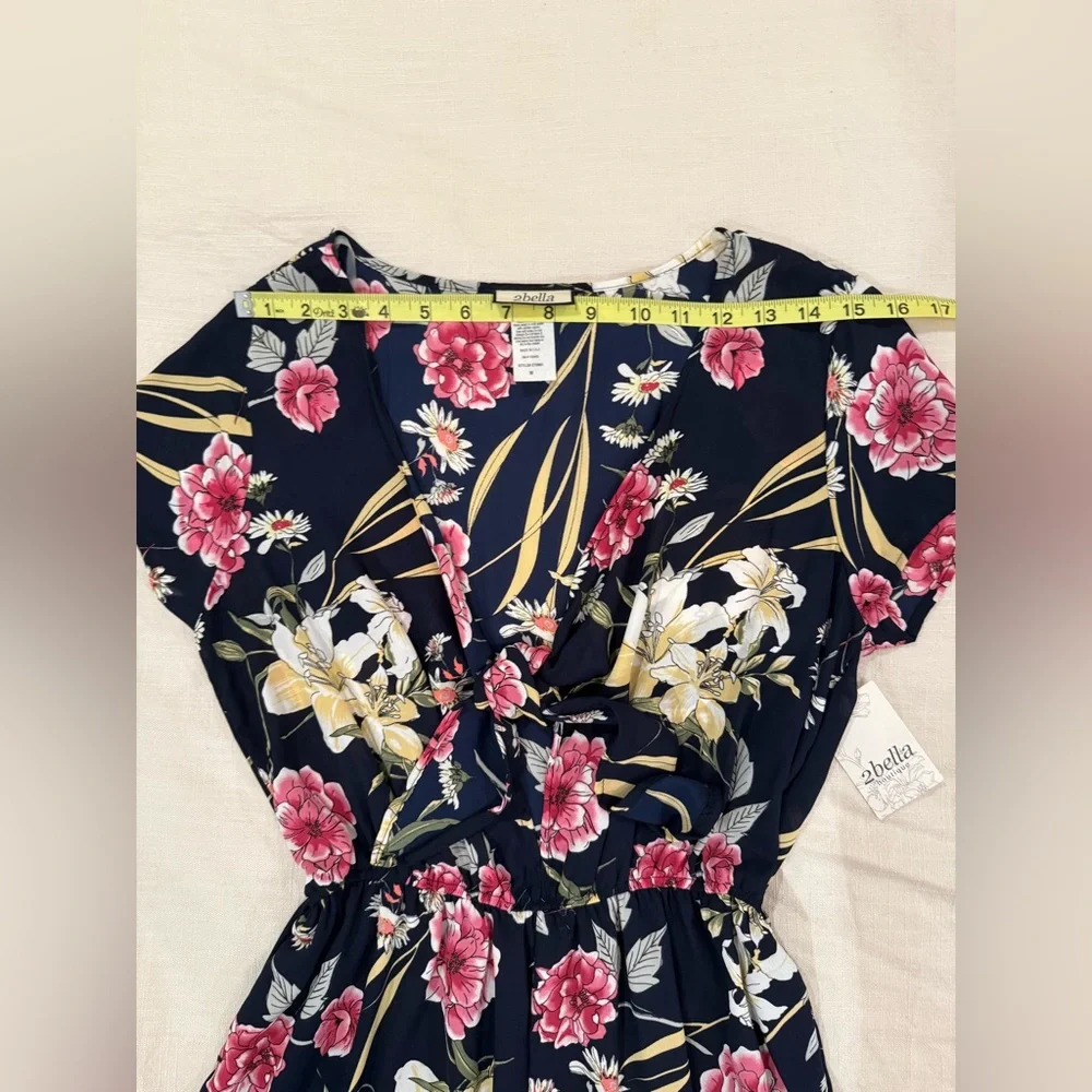 Floral V-Neck Romper - Navy and Pink - Picture 6 of 9